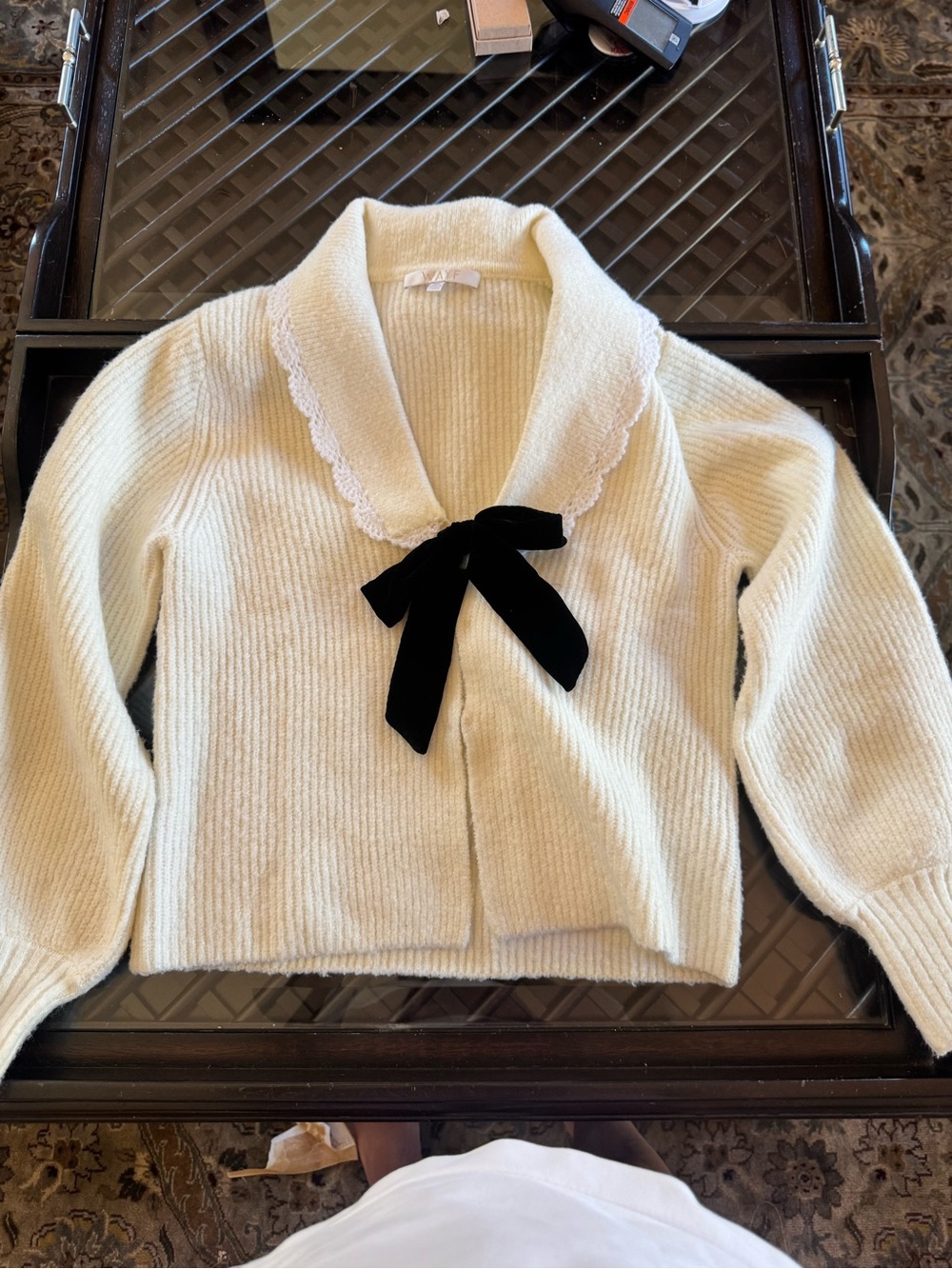 WAYF Cream Knit Sweater with Lace Collar and Black Bow